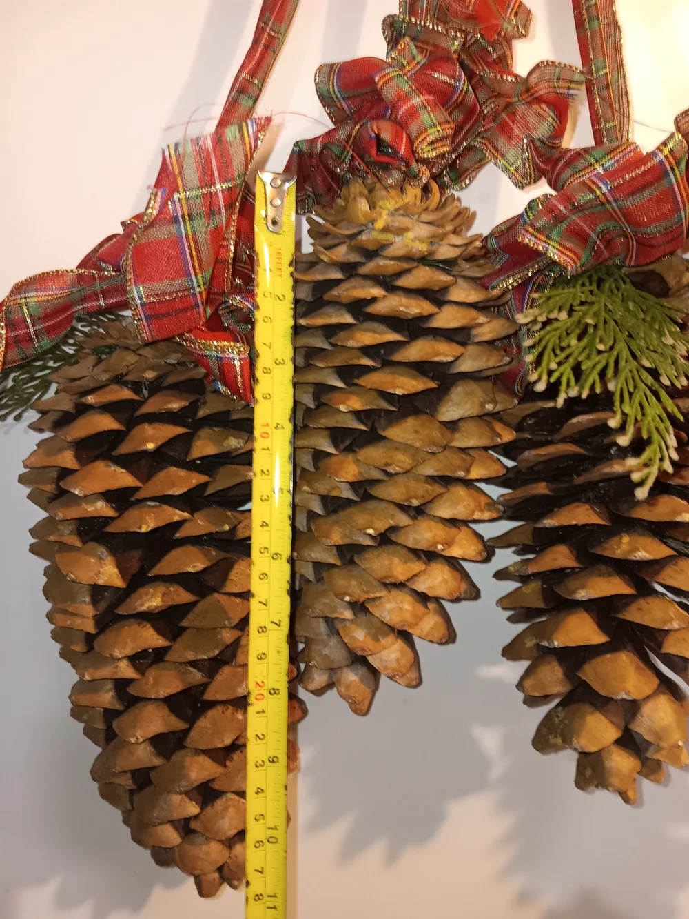 4 Natural Brown Sugar Pinecone Holiday Hanging Ornament with Red Plaid Ribbon